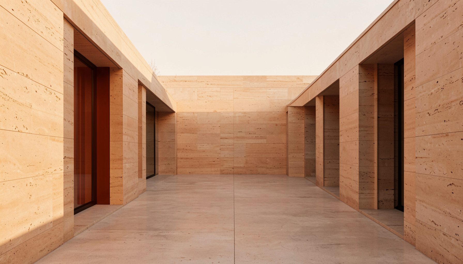 Clean architectural photograph with strong symmetry, warm sandstone and soft amber light, calm and understated mood