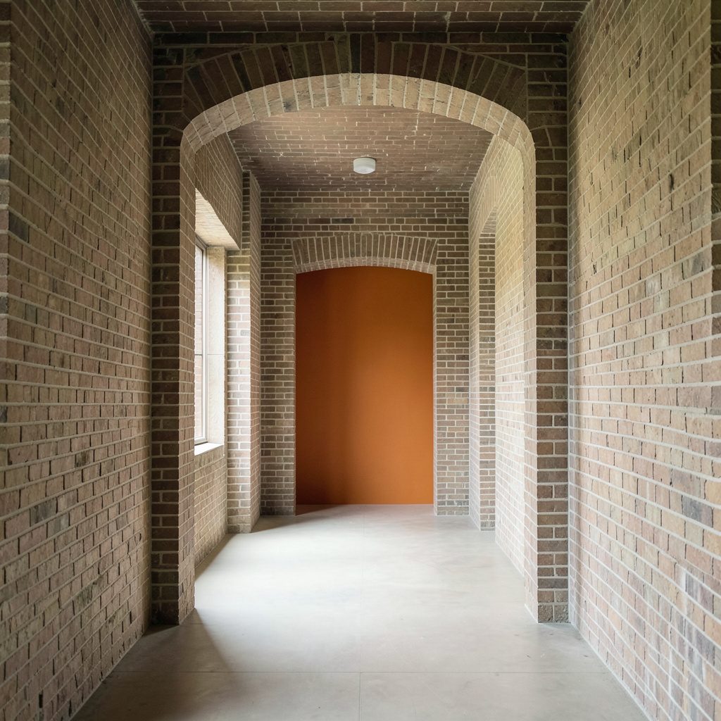 Symmetrical architectural photograph of a quiet brick archway in muted brown and cream tones, with soft natural light filling the corridor